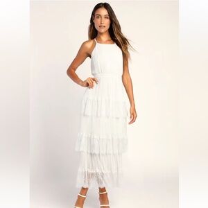 NWOT Lulu’s Came For Cocktails White Pleated Tiered Lace Maxi Dress